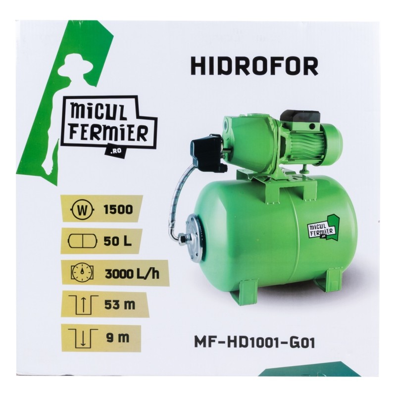 Hidrofor Micul Fermier 1.5 kW, debit maxim 3000l/h, inaltime maxima de pompare 53m, corp pompa fonta, butelie 50L