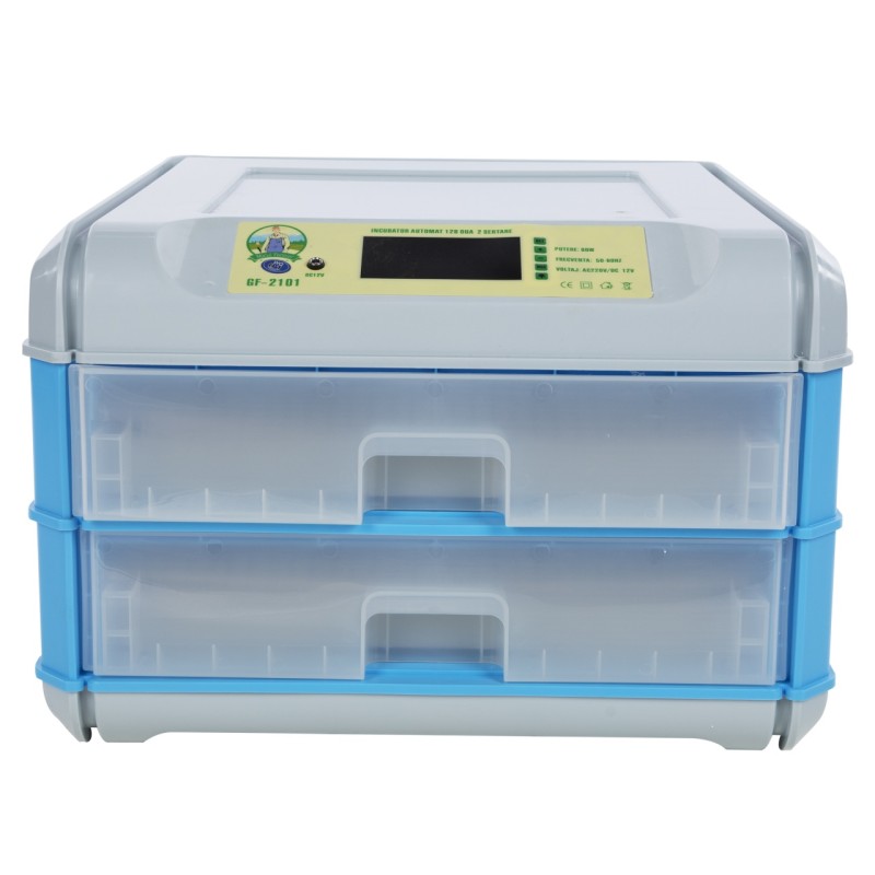 Incubator electric Micul Fermier capacitate 128 oua, 2 etaje, alimentare 220V/12V