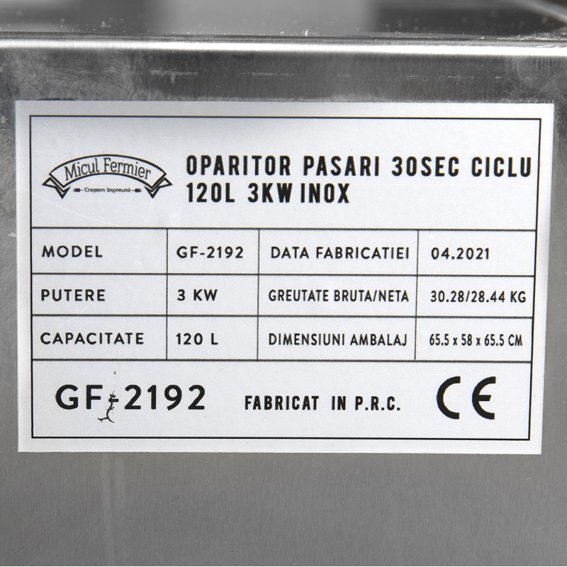 Oparitor pasari 30 sec ciclu 120L 3kW Inox