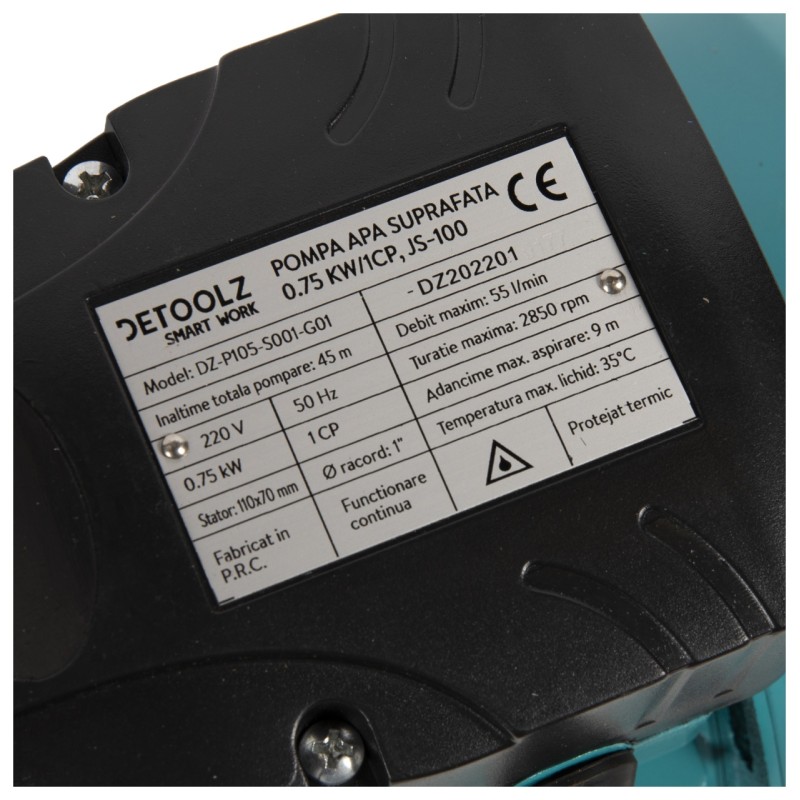 Pompa de suprafata Detoolz 0.75 kW, debit 3300l/h, inaltime de pompare 45m, carcasa pompa inox