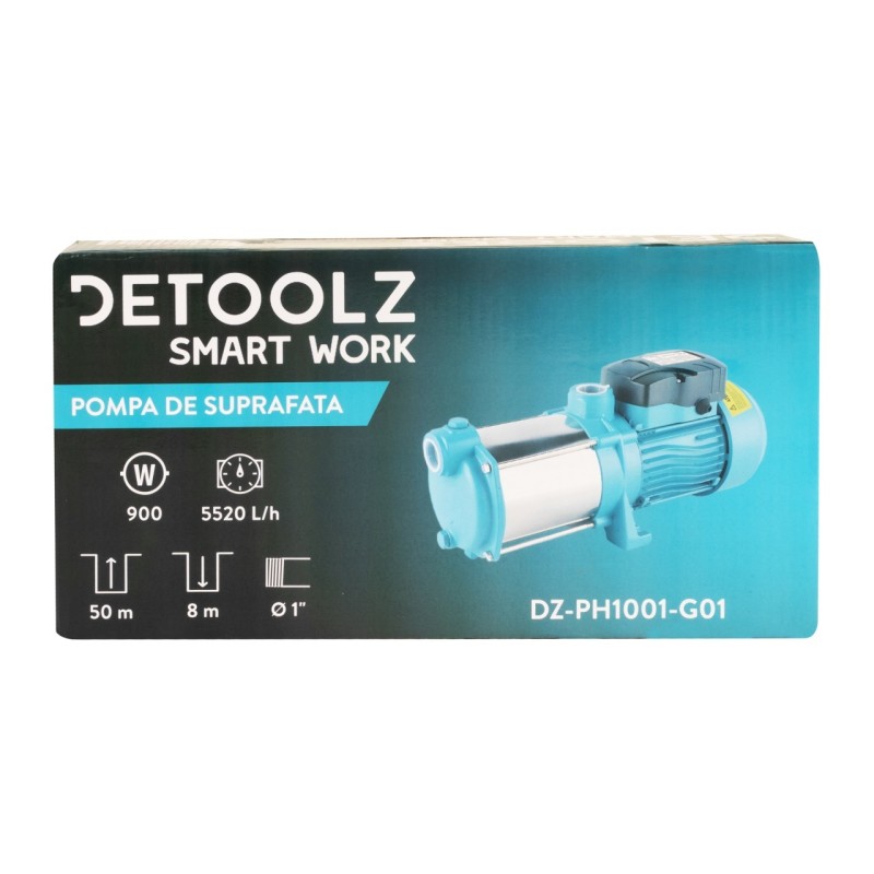 Pompa de suprafata Detoolz 0.9 kW, debit maxim 5520l/h, inaltime maxima de pompare 50m, corp pompa fonta