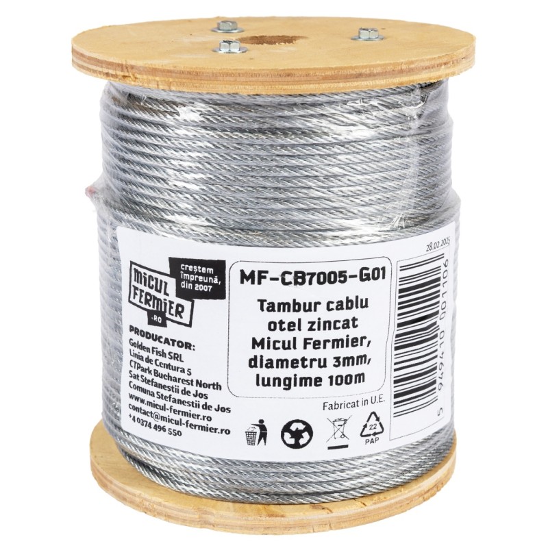 Tambur cablu otel zincat Micul Fermier, diametru 3mm, lungime 100m