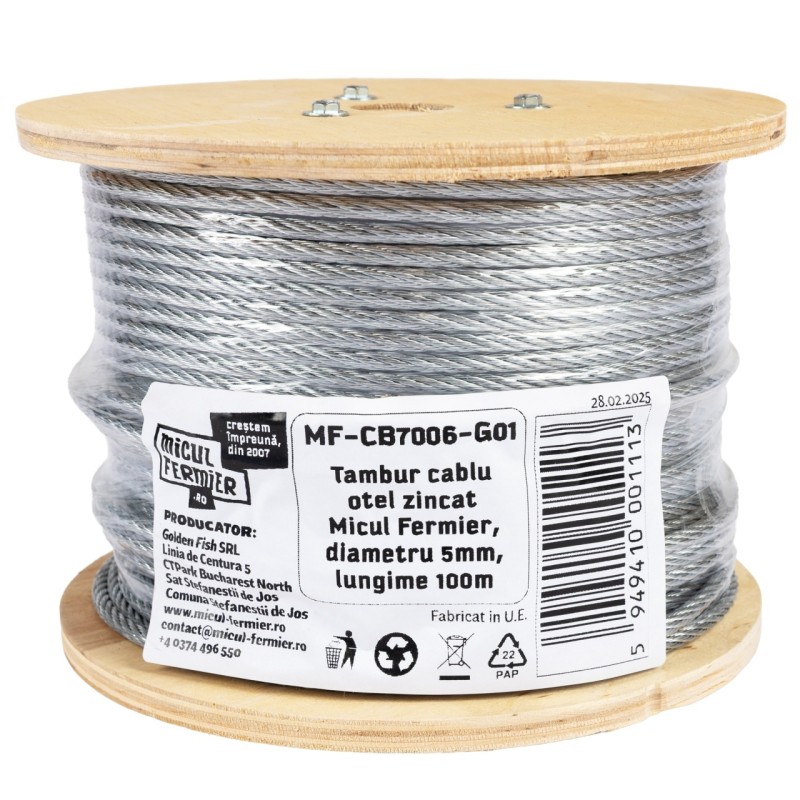 Tambur cablu otel zincat Micul Fermier, diametru 5mm, lungime 100m