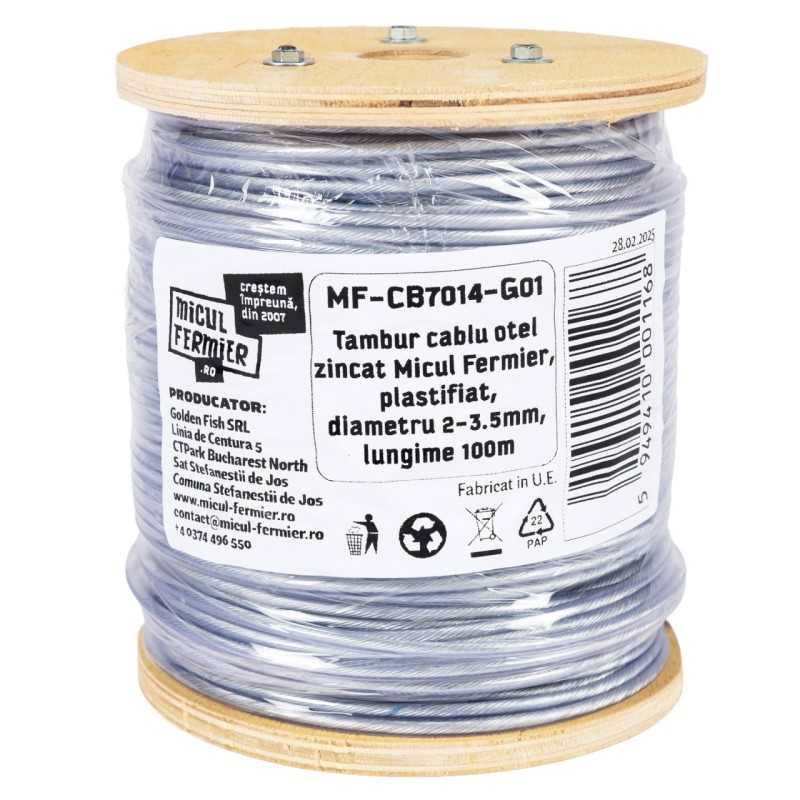 Tambur cablu otel zincat Micul Fermier, plastifiat, diametru 2-3.5mm, lungime 100m