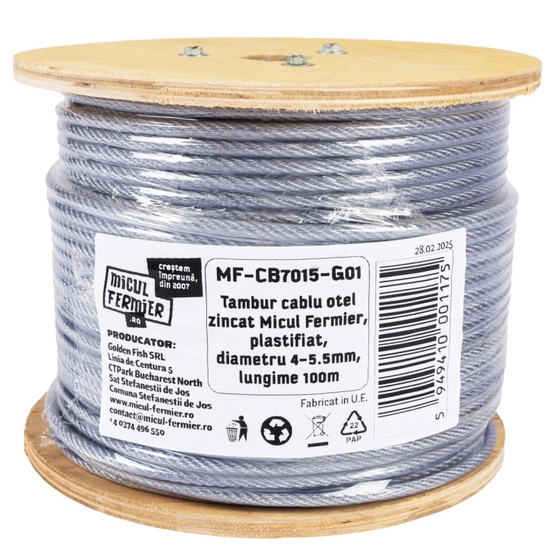 Tambur cablu otel zincat Micul Fermier, plastifiat, diametru 4-5.5mm, lungime 100m