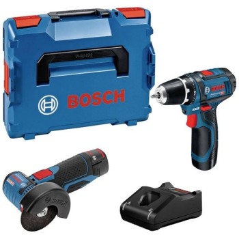 Bosch Set GSR 12V-15 Masina de gaurit + GWS 12V-76 Polizor unghiular + 2 acumulatori GBA 12V 2.0Ah + incărcător GAL 12V-20 Professional + L-BOXX