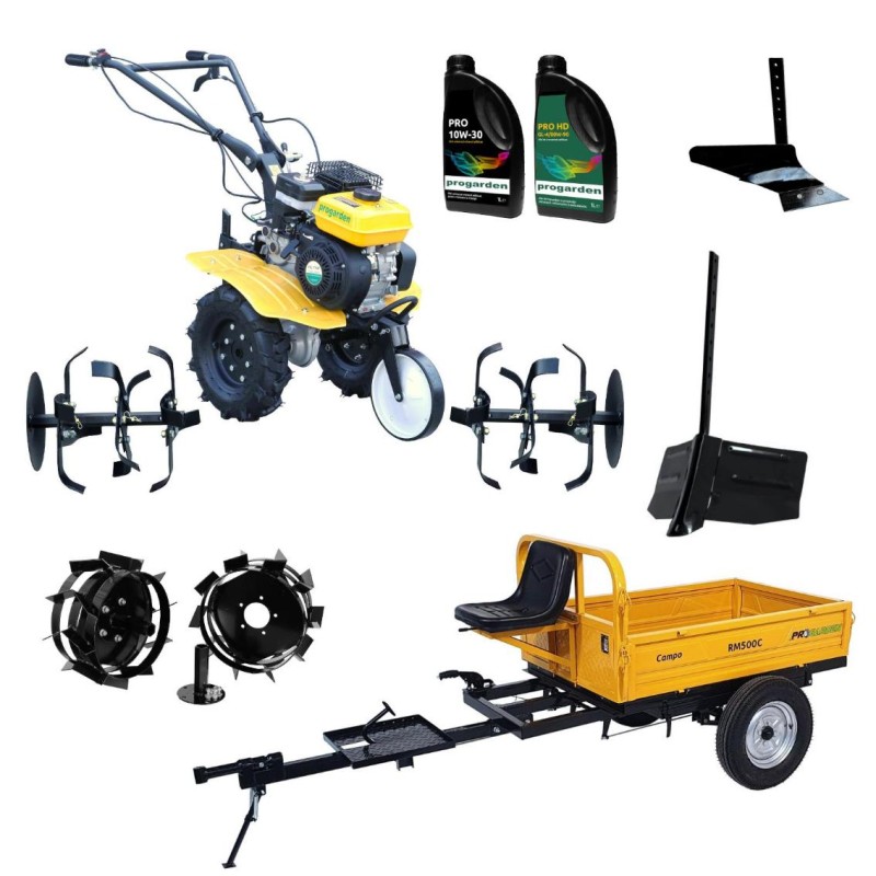 ProGARDEN Pachet Campo 703 Motocultor 7CP + Remorca RM500C + Plug simplu + Plug bilonat/rarita + 2 Roti metalice 350x6 + 2L Ulei