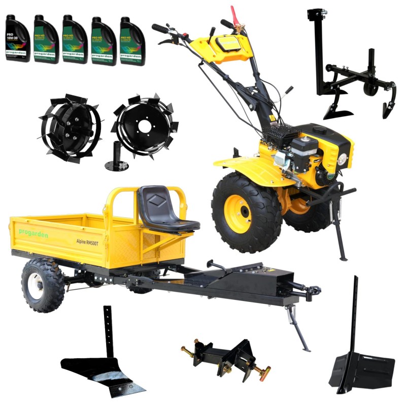 ProGARDEN Pachet Campo 873 Alpine motocultor 7CP + Prasitoare PRS20-45 + Remorca RM500T + Plug simplu + Plug bilonat/rarita + Adaptor reglabil + 2 Roti metalice 350x6 + 5L Ulei