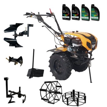 ProGARDEN Pachet Campo 1844 Motocultor 18CP + Plug bilonat + Plug reversibil + Prasitoare + Adaptor +  2 roti metalice 540x170 + 4L Ulei