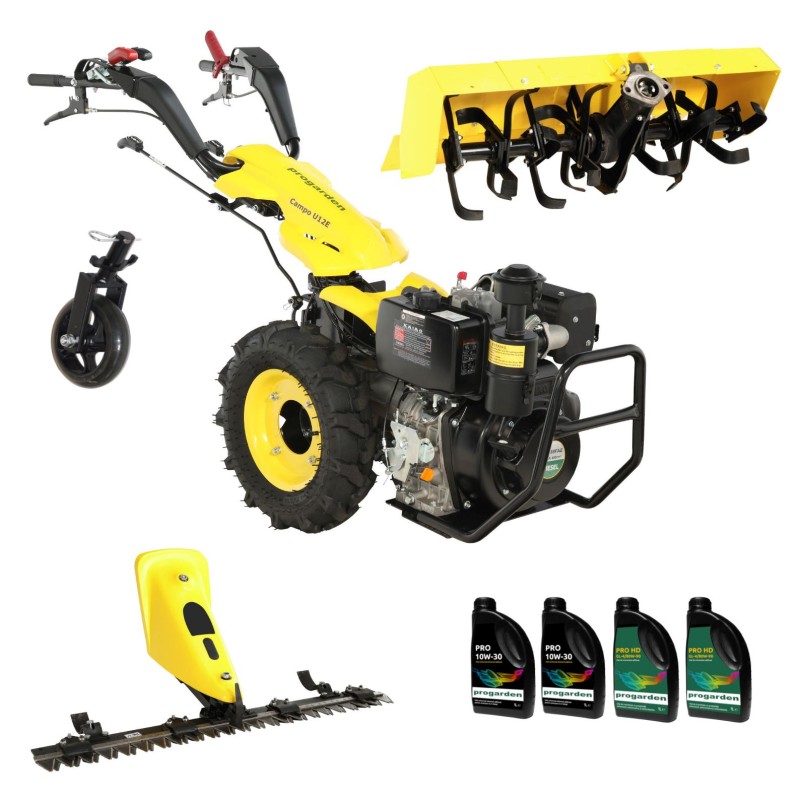 ProGARDEN Pachet Campo U12E Motocultor 12CP +  BC120M Bara cosire 120cm + Roata sustinere + FT90 Freza tractata 90cm + 4L Ulei