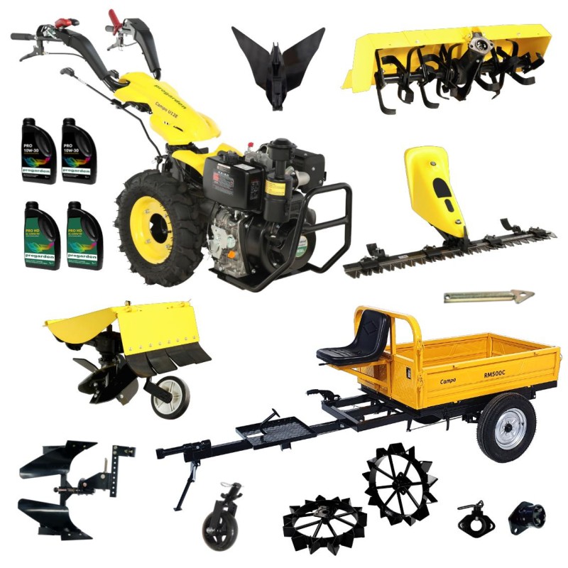 ProGARDEN Pachet Campo U12E Motocultor 12CP + RM500C Remorca 500Kg + BC120M Bara cosire + 3xPlug + FT90 Freza tractata + 2xRoti metalice RM47 + 2xCuple + 4L Ulei