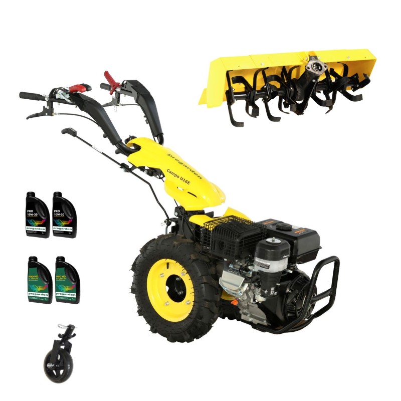 ProGARDEN Pachet Campo U16E Motocultor 14CP + Roata sustinere + Freza tractata FT90 + 4L Ulei