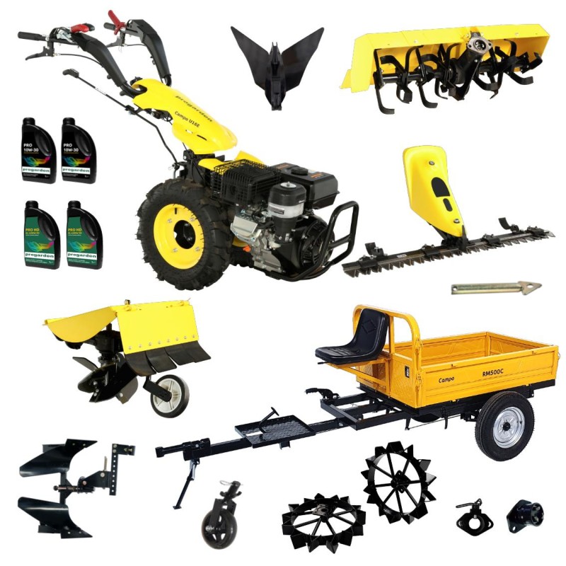 ProGARDEN Pachet Campo U16E Motocultor 14CP + RM500C Remorca 500Kg + BC120M Bara cosire + 3xPlug + FT90 Freza tractata + 2xRoti metalice RM47 + 2xCuple + 4L Ulei