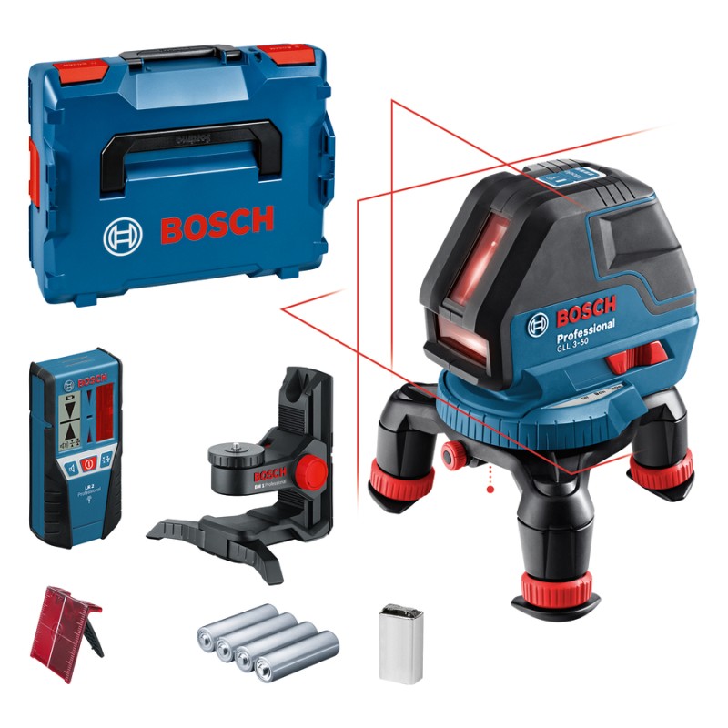 Bosch GLL 3-50+BM1+LR2 nivela laser cu linii, 10m, receptor 50m, precizie 0.3 mm/m + 1 baterie 9V (6LR61) + L-Boxx