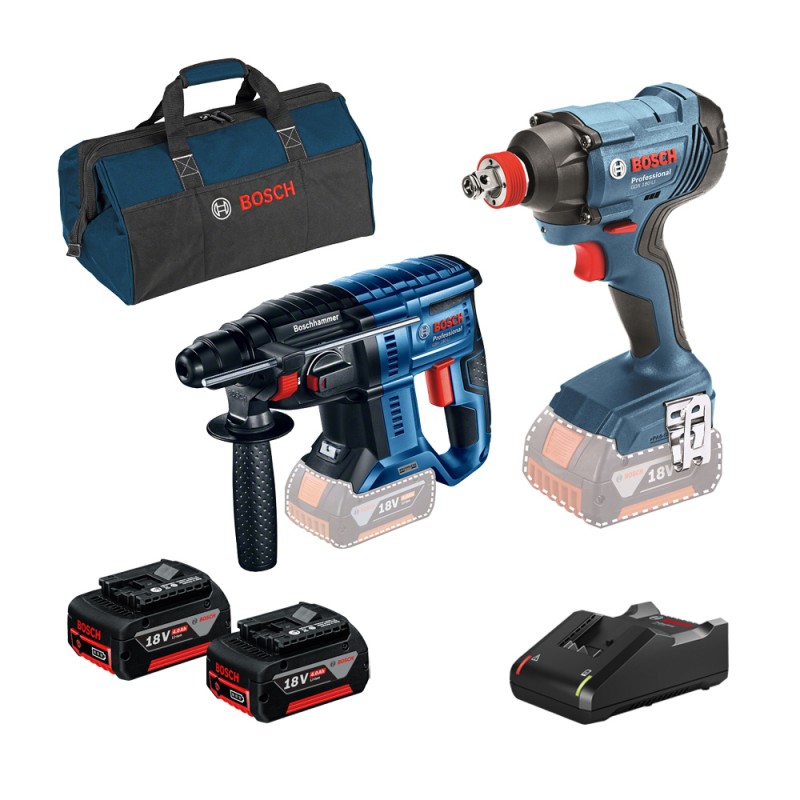 Bosch GBH 180-LI Ciocan rotopercutor brushless, cu 2 acumulatori Li-Ion 4Ah, 2J + GDX 180-LI Masina de insurubat cu impact, Li-Ion, 180Nm + Geanta textil