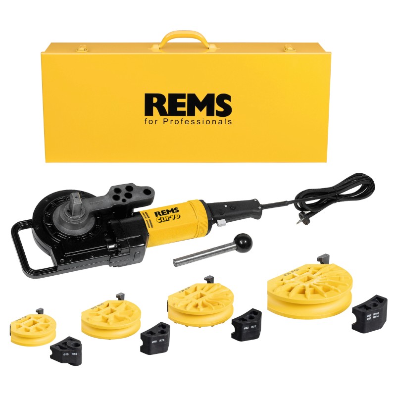REMS Set promo Masina de indoit tevi Curvo Set 15-18-22-28 580027 R220 + Taietor tevi RAS Cu INOX 3-35 113350 R 580X03