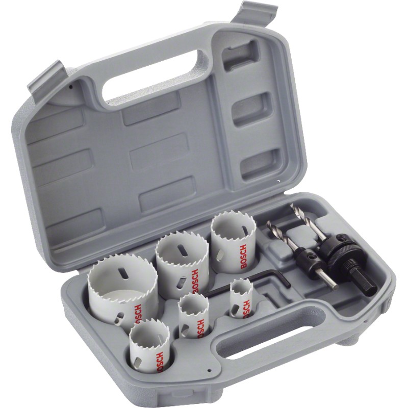 Bosch Set 9 accesorii, 6 carote BiMetal cu D20-68mm, 2 adaptoare hexagonale, 1 cheie hexagonală