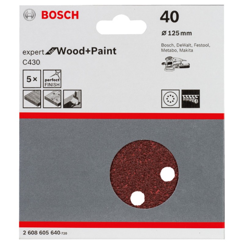Bosch Set 5 foi abrazive Expert for Wood and Paint C430, 125mm, G40, 8 gauri