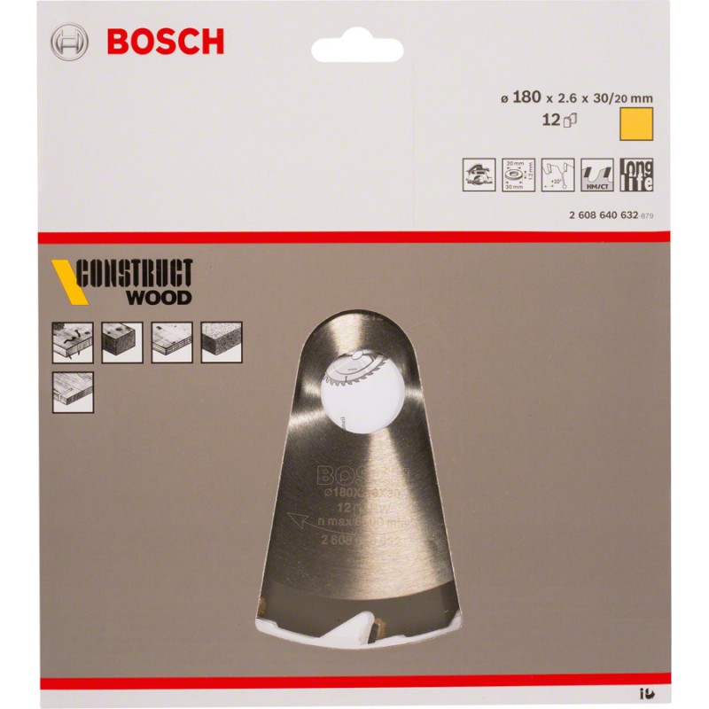 Bosch Panza ferastrau circular Construct Wood, 180x30x2.6mm, 12T, reductie 20mm
