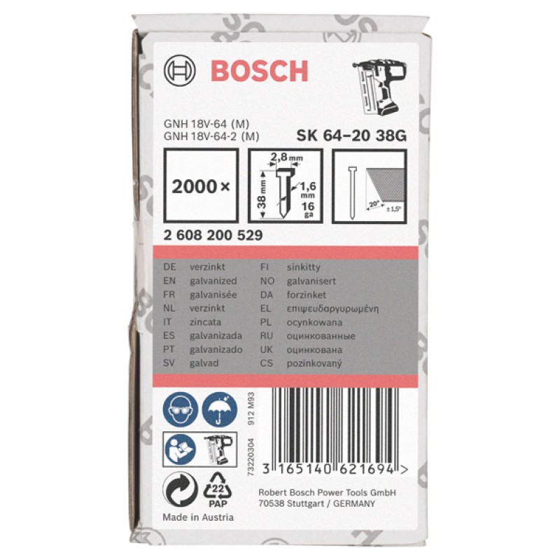 Bosch SK64-20 38G Set 2000 cuie galvanizate pentru GNH, 1.6x2.8x38mm