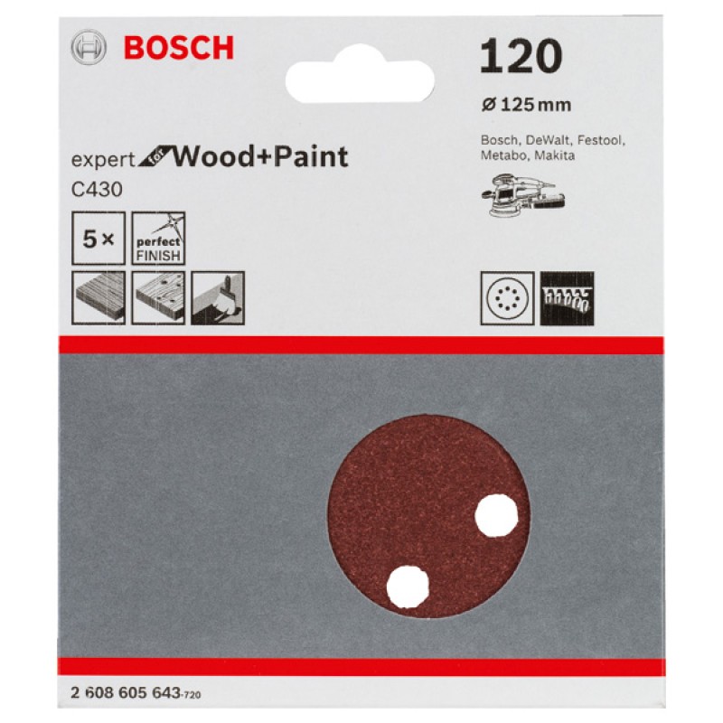 Bosch Set 5 foi abrazive Expert for Wood and Paint C430, 125mm, G120, 8 gauri