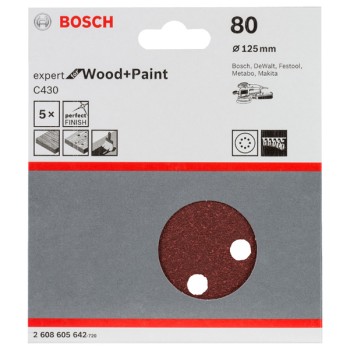Bosch Set 5 foi de slefuire Expert for Wood and Paint C430, 125mm, G80, 8 orificii
