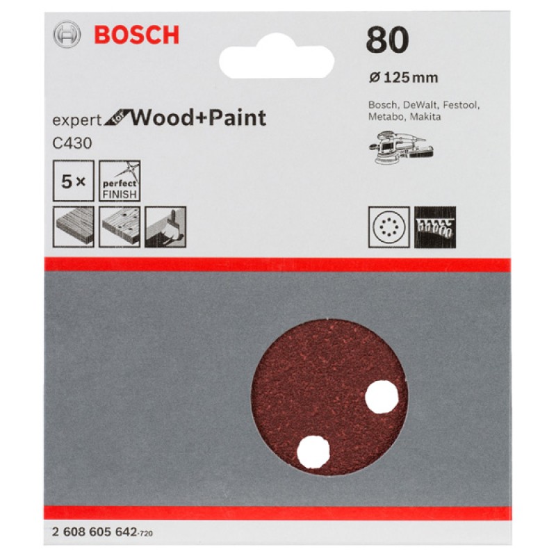 Bosch Set 5 foi de slefuire Expert for Wood and Paint C430, 125mm, G80, 8 orificii
