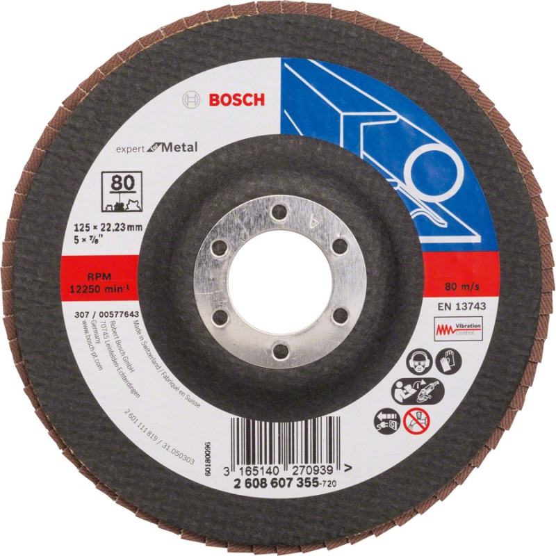 Bosch Disc de slefuire evantai Expert for Metal 125x22.23mm, G80, cu degajare