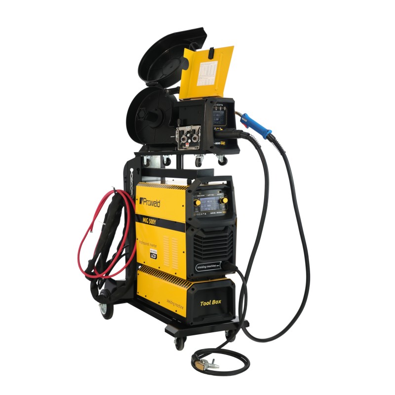 ProWELD MIG 500Y Stație sudură trifazată 500A pentru Oțel, Inox, Aluminiu, Fontă, MIG/MAG sinergic, TIG Lift, MMA + derulator extern, bobină 15kg, LCD dual