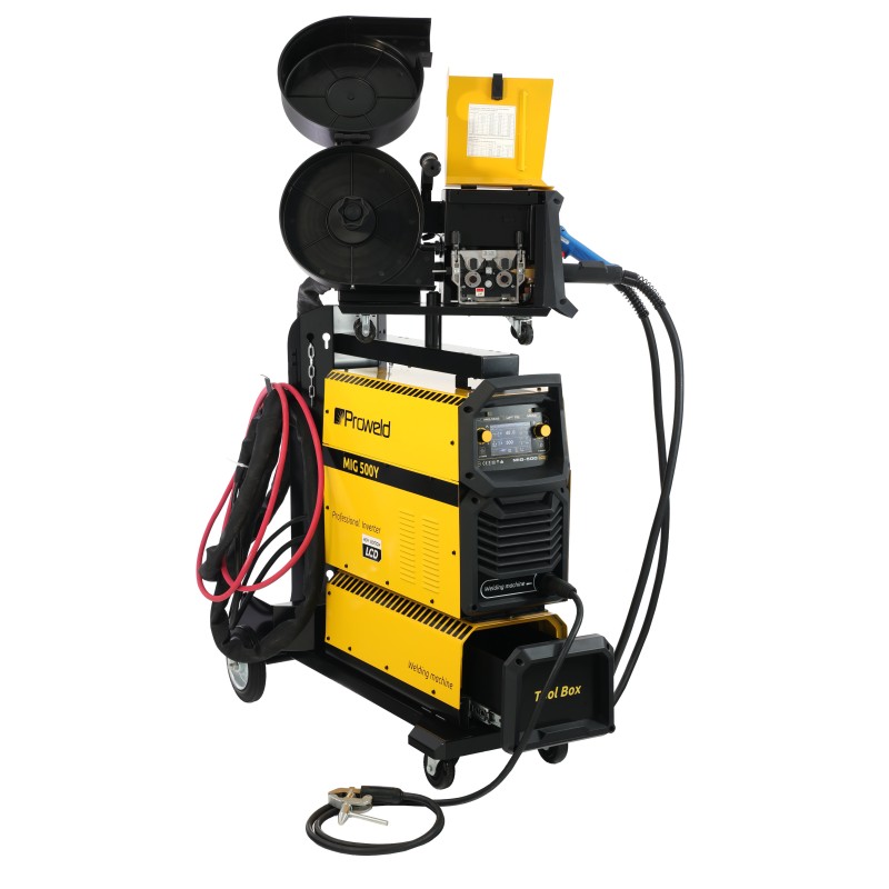 ProWELD MIG 500Y Stație sudură trifazată 500A pentru Oțel, Inox, Aluminiu, Fontă, MIG/MAG sinergic, TIG Lift, MMA + derulator extern, bobină 15kg, LCD dual