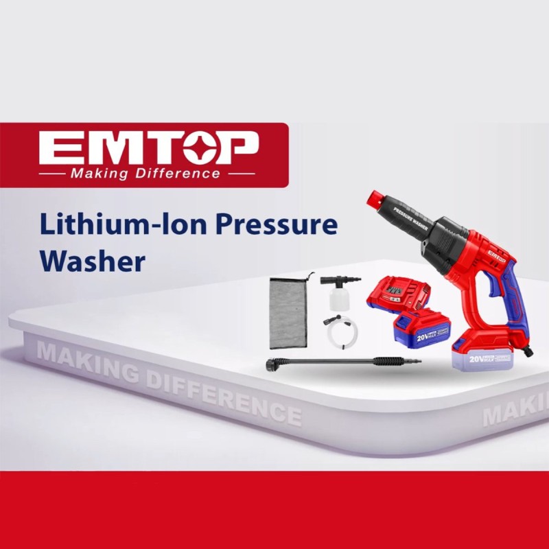 Aparat de spalat cu presiune cu 1 acumulator 4.0AH si incarcator, 24 bari, 6 capete, geanta inclusa - ELPW202501, EMTOP