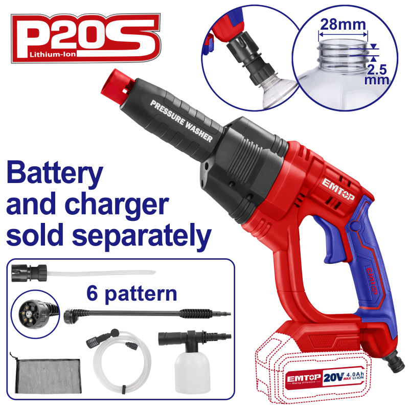 Aparat de spalat cu presiune fara incarcator si acumulator, 24 bari, 6 capete, geanta inclusa - ELPW2025012, EMTOP