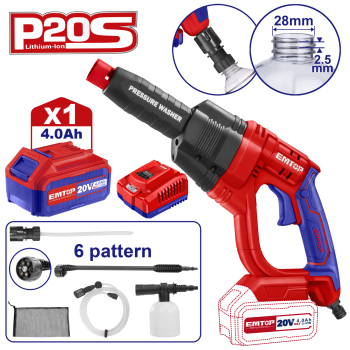 Aparat de spalat cu presiune cu 1 acumulator 4.0AH si incarcator, 24 bari, 6 capete, geanta inclusa - ELPW202501, EMTOP