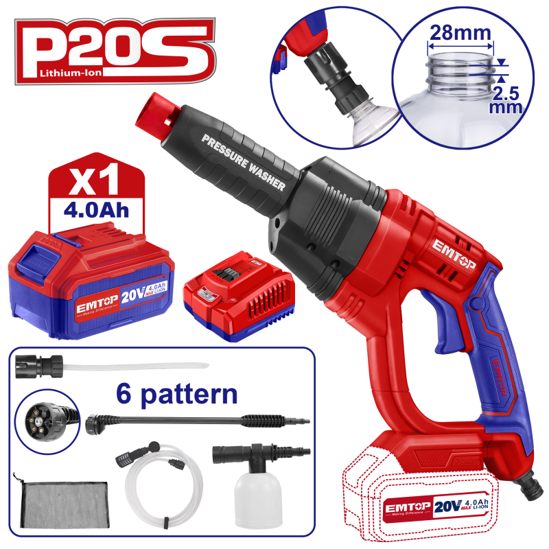 Aparat de spalat cu presiune cu 1 acumulator 4.0AH si incarcator, 24 bari, 6 capete, geanta inclusa - ELPW202501, EMTOP