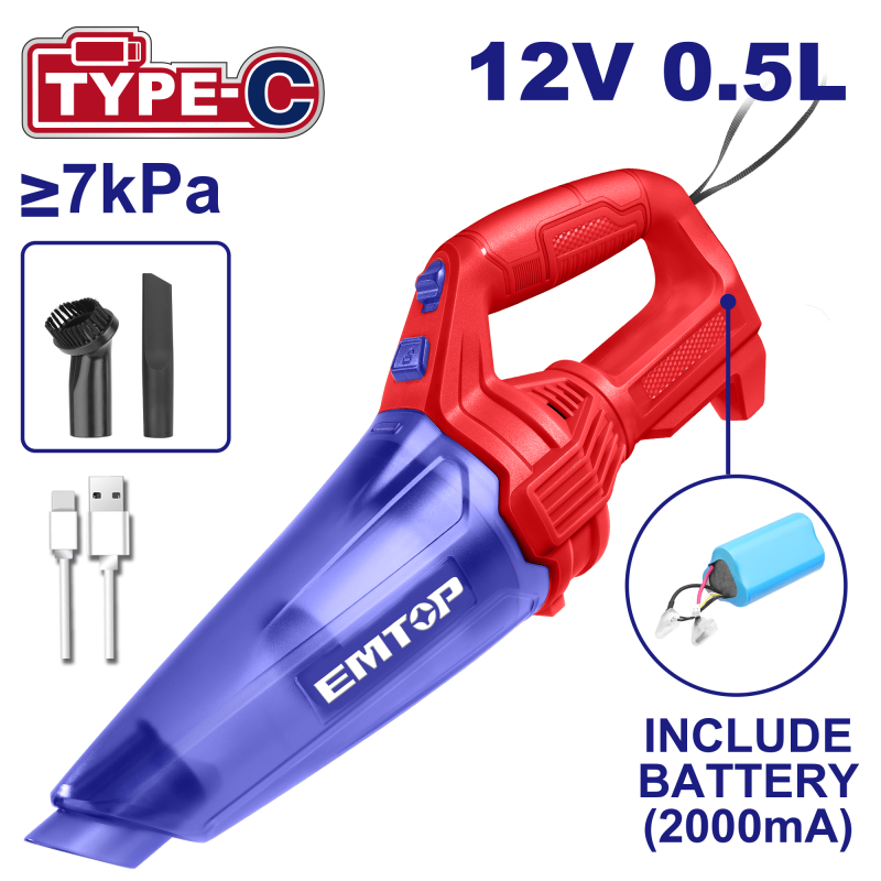 Aspirator portabil cu baterie 2000mA, incarcare prin cablu tip C - ELVC2026, EMTOP