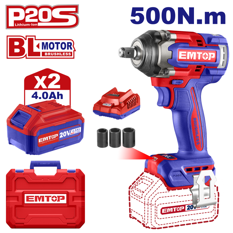 Bormasina de impact si insurubat cu 2 acumulatori 4.0Ah, motor fara perii (brushless), 500 Nm, 1 2  , 3 capete 21, 22, 24mm - ECiWL2050, EMTOP