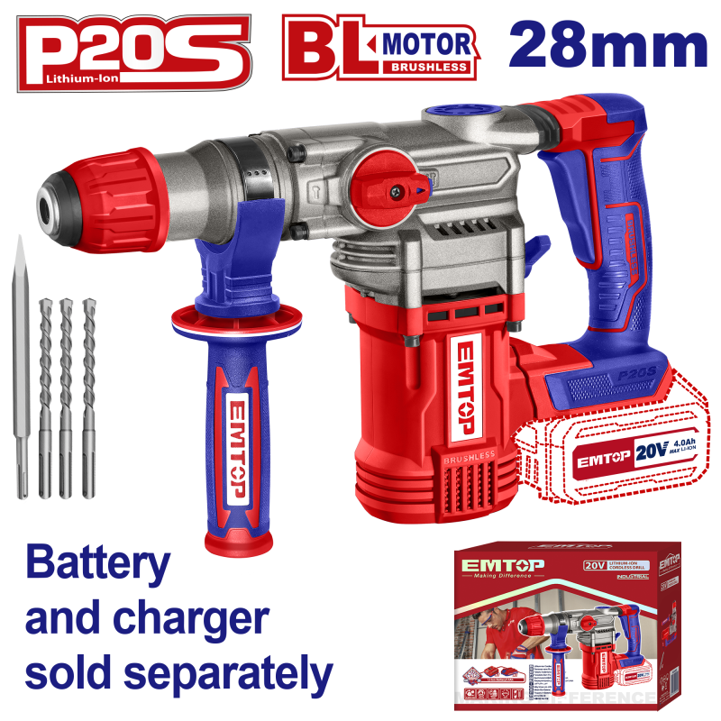 Ciocan rotopercutor fara acumulator si incarcator, 28mm, 4 accesorii - ELRH20288, EMTOP
