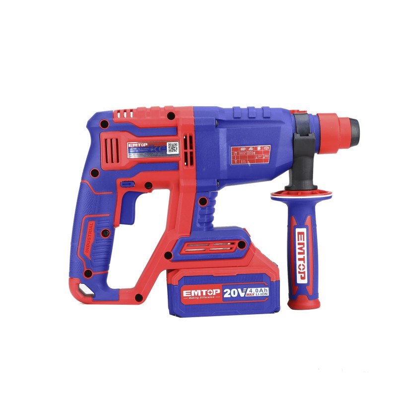 Ciocan rotopercutor cu 1 acumulator 4.0Ah, motor fara perii (brushless), 22mm, 2.0J, 3 burghie, cutie de transport - ELRH202081, EMTOP