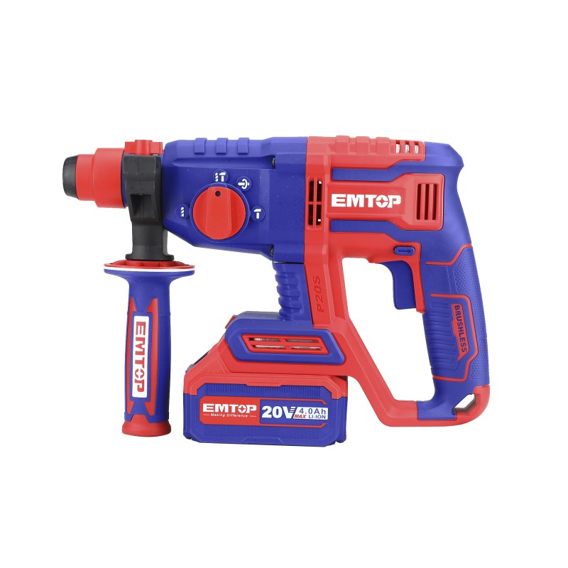 Ciocan rotopercutor cu 1 acumulator 4.0Ah, motor fara perii (brushless), 22mm, 2.0J, 3 burghie, cutie de transport - ELRH202081, EMTOP