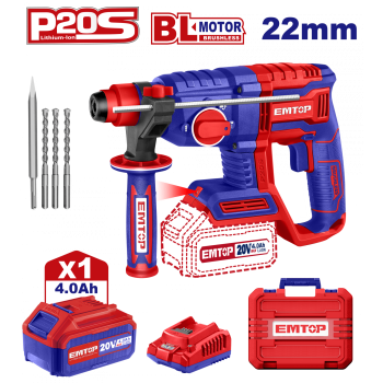 Ciocan rotopercutor cu 1 acumulator 4.0Ah, motor fara perii (brushless), 22mm, 2.0J, 3 burghie, cutie de transport - ELRH202081, EMTOP