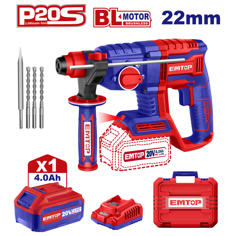 Ciocan rotopercutor cu 1 acumulator 4.0Ah, motor fara perii (brushless), 22mm, 2.0J, 3 burghie, cutie de transport - ELRH202081, EMTOP