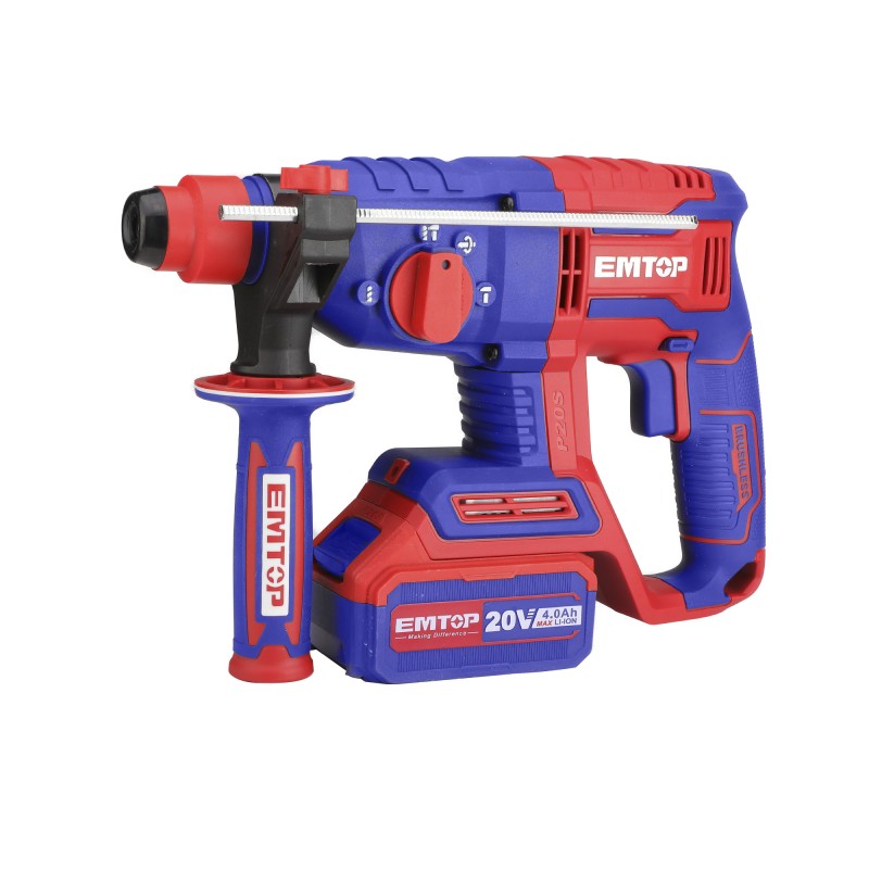 Ciocan rotopercutor fara acumulator si incarcator, motor fara perii (brushless), 22mm, 2.0J, 3 burghie incluse - ELRH20208, EMTOP