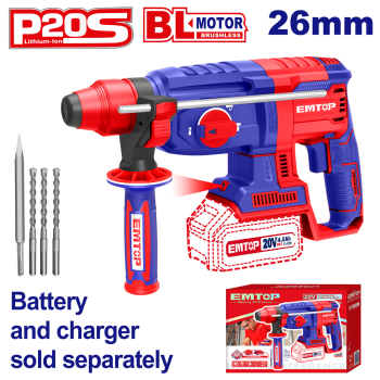 Ciocan rotopercutor fara acumulator si incarcator, 26mm, 4 accesorii - ELRH20228, EMTOP
