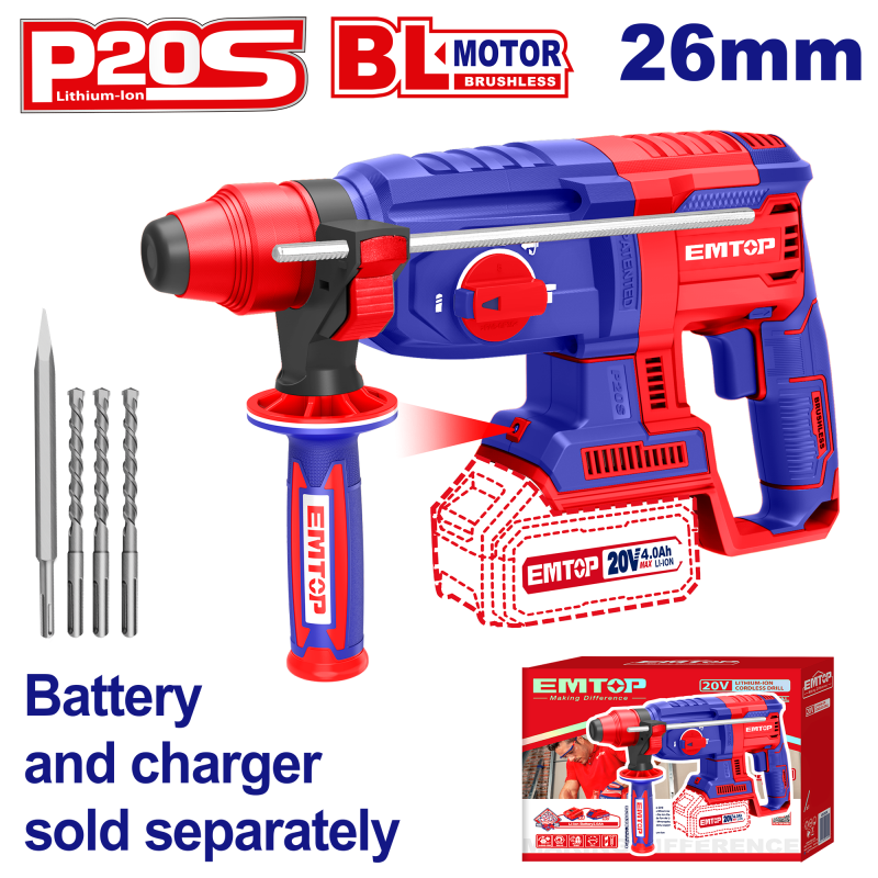 Ciocan rotopercutor fara acumulator si incarcator, 26mm, 4 accesorii - ELRH20228, EMTOP