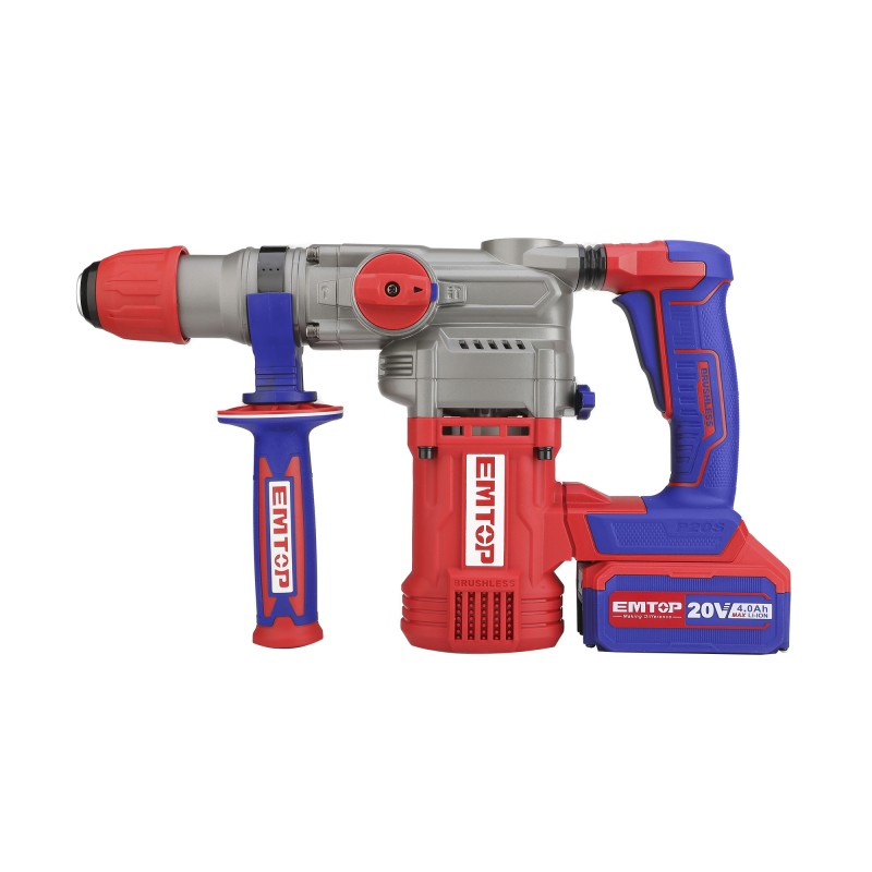 Ciocan rotopercutor cu 2 acumulatori 4.0Ah, motor fara perii (brushless), 28mm, 2.0J, 3 burghie, cutie de transport - ELRH202882, EMTOP