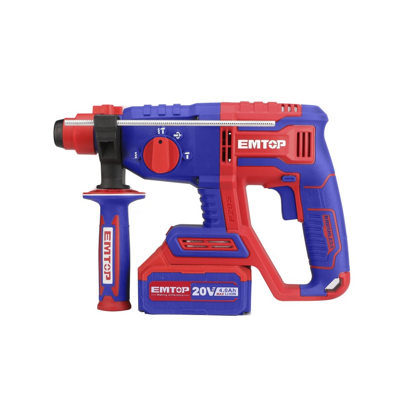 Ciocan rotopercutor fara acumulator si incarcator, motor fara perii (brushless), 22mm, 2.0J, 3 burghie incluse - ELRH20208, EMTOP