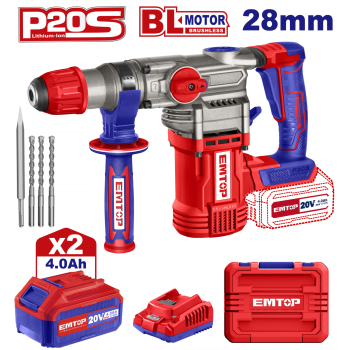 Ciocan rotopercutor cu 2 acumulatori 4.0Ah, motor fara perii (brushless), 28mm, 2.0J, 3 burghie, cutie de transport - ELRH202882, EMTOP