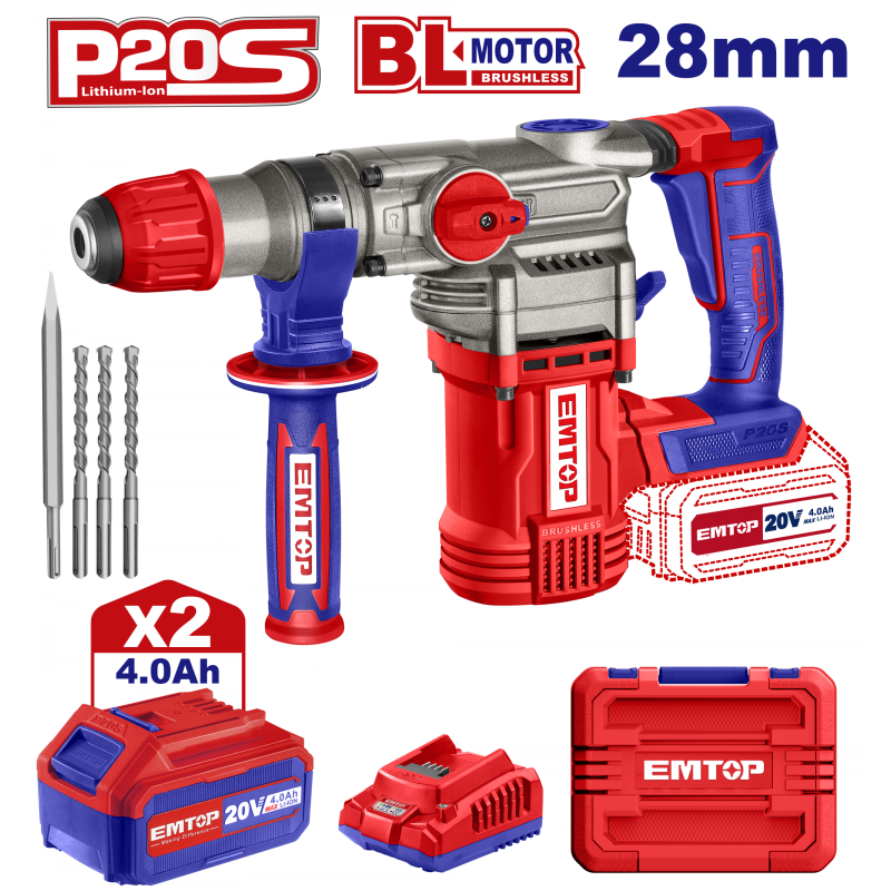 Ciocan rotopercutor cu 2 acumulatori 4.0Ah, motor fara perii (brushless), 28mm, 2.0J, 3 burghie, cutie de transport - ELRH202882, EMTOP