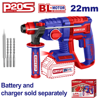 Ciocan rotopercutor fara acumulator si incarcator, motor fara perii (brushless), 22mm, 2.0J, 3 burghie incluse - ELRH20208, EMTOP