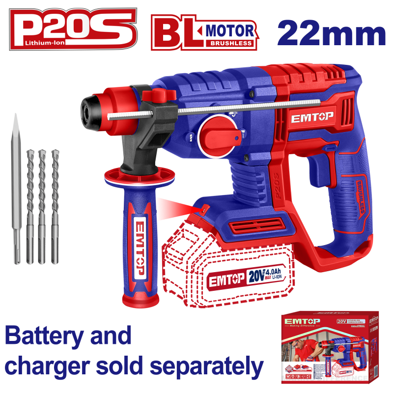 Ciocan rotopercutor fara acumulator si incarcator, motor fara perii (brushless), 22mm, 2.0J, 3 burghie incluse - ELRH20208, EMTOP